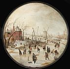Hendrick Ter Brugghen Prints - Frozen River with Skaters by Hendrick Avercamp