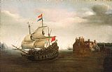 Hendrick Ter Brugghen Prints - A Castle With A Dutch Ship Sailing Nearby by Hendrick Cornelisz Vroom