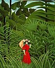 Henri Prints - Woman In Red In The Forest by Henri Rousseau