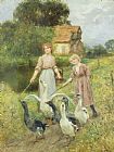 Geese Paintings -  Girls Herding Geese by Henry John Yeend King