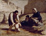 Bath Pastels Prints - The First Bath by Honore Daumier