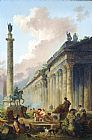 Column Paintings - Imaginary View of Rome with Equestrian Statue of Marcus Aurelius, The Column of Trajan And a Temple by Hubert Robert