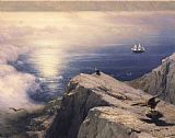 Ivan Constantinovich Aivazovsky A Rocky Coastal Landscape in The Aegean with Ships in The Distance Detail