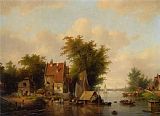 Marianne Stokes Prints - A River Landscape with Many Figures by a Village by Jacobus Van Der Stok