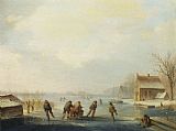 The Frozen Moat - Bedfield Prints - Skaters on a Frozen Waterway by Jacobus Van Der Stok