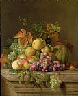 Jakob Bogdani A Still Life of Melons Grapes and Peaches on a Ledge