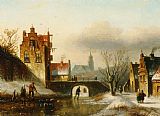 The Frozen Moat - Bedfield Prints - Figures on a Frozen Canal in a Dutch Town by Jan Jacob Coenraad Spohler