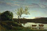 Jean Baptiste Camille Corot A Pond with three Cows and a Crescent Moon