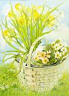 Basket Prints - Daffodils And Primroses In A Basket by Joan Thewsey