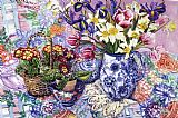 Joan Thewsey Daffodils Tulips And Iris In A Jacobean Blue And White Jug With Sanderson Fabric And Primroses