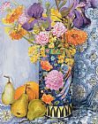 Joan Thewsey Iris And Pinks In A Japanese Vase With Pears