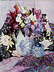 Joan Thewsey Sweet Peas In A Blue And White Jug With Blue And White Pot And Textiles