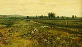 Geese Paintings - An Extensive Meadow Landscape with Geese by a Stream by John Atkinson Grimshaw
