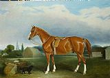 John E Ferneley A Chestnut Hunter and a Spaniel by Farm Buildings