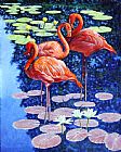 John Lautermilch Three Flamingos in Lily Pond