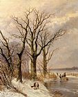 The Frozen Moat - Bedfield Prints - Winter landscape with faggot gatherers conversing on a frozen lake by Josephus Gerardus Hans