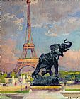 Tower Prints - The Eiffel Tower and the Elephant by Fremiet by Jules Ernest Renoux