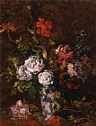 Vase Prints - Floral Still Life in a Blue And White Porcelain Vase by Karl Pierre Daubigny