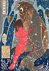 Kuniyoshi Kintoki Swims up the Waterfall