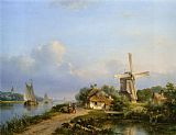Lodewijk Johannes Kleijn Figures on a Canal Near a Windmill