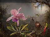 Martin Johnson Heade Prints - Cattelya Orchid And Three Brazilian Hummingbirds by Martin Johnson Heade