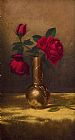 Martin Johnson Heade Prints - Red Roses in a Japanese Vase on a Gold Velvet Cloth by Martin Johnson Heade