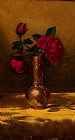 Martin Johnson Heade Prints - Red Roses in a Japanese Vase on a Gold Velvet Cloth 2 by Martin Johnson Heade