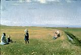 Newburyport Meadows Prints - Young Girls picking Flowers in a Meadow by Michael Peter Ancher