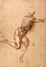 Males Nudes in a Seated Tug-of-war Prints - A Seated Male Nude Twisting Around c.1505 by Michelangelo Buonarroti