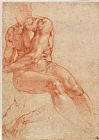 Males Nudes in a Seated Tug-of-war Prints - Seated Young Male Nude And Two Arm Studies (recto) by Michelangelo Buonarroti