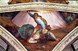 Michelangelo Buonarroti The Sistine Chapel Ceiling Frescos After Restoration David And Goliath painting
