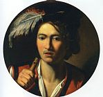 Portrait of a Young Man with Open Collar Paintings and Prints - Portrait of a Young Man Bust Length Holding a Flute And Wearing a Feather in His Hat by Nicolas Regnier
