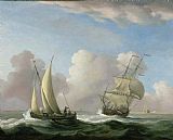 Sailing Boat Prints - A Man-o'-War in a Swell and a Sailing Boat by Peter Monamy