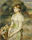 Basket Prints - Young Girl with a Basket of Flowers by Pierre Auguste Renoir
