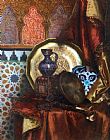 Ernst Paintings - A Tambourine, Knife, Moroccan Tile And Plate on Satin Covered Table by Rudolf Ernst