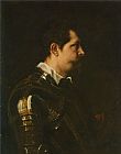 Portrait of a Young Man with Open Collar Paintings and Prints - Portrait of a Military Commander Bust Length in Profile in Damascened Armour with White Collar And Red Sash by Sir Antony Van Dyck