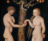 The Garden of Eden Prints - Eve Offering The Apple to Adam In The Garden of Eden by The Elder Lucas Cranach
