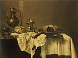 Wine Prints - A Blackberry Pie, an Upturned Cup, Salt Cellar, Wine Ewer, Roemer Knife, Tablecloth Draped Peweter Plates by Willem Claesz Heda