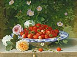 William Hammer Strawberries In A Blue And White Buckelteller With Roses And Sweet Briar On A Ledge