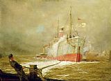 The White Ship Paintings and Prints - Docking a Cargo Ship by William Lionel Wyllie